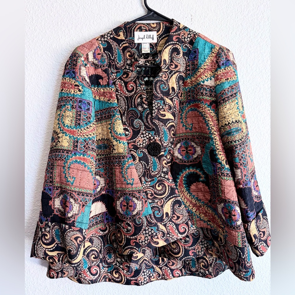 Joseph Ribkoff Teal, Pink & Gold Paisley Jacket gorgeous single button overcoat